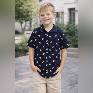 Navy Rocket Print Button-Down